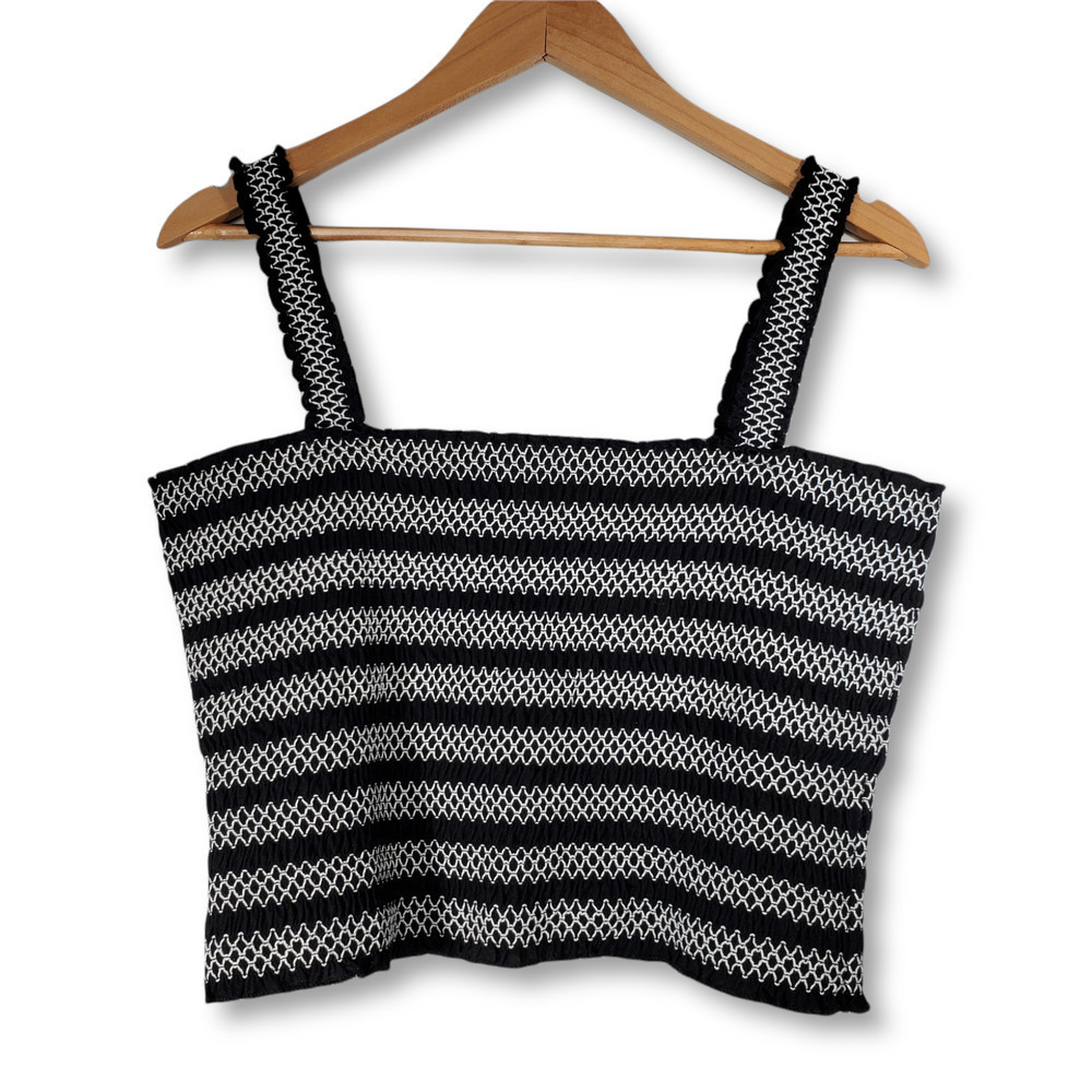 Aeropostale Embroidered Striped Wide Strap Cropped Smocked Tank Top Black XL